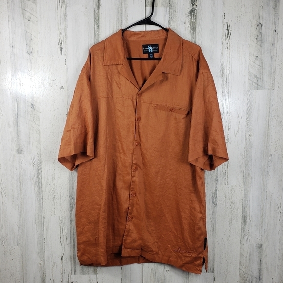 Steve harvey 100% linen orange short sleeve button down shirt mens size 3XL - Picture 1 of 12
